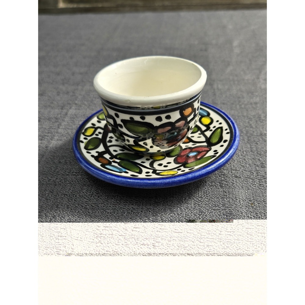 Hand Painted Ceramic Demitasse Espresso Cup Saucer Floral Folk Art